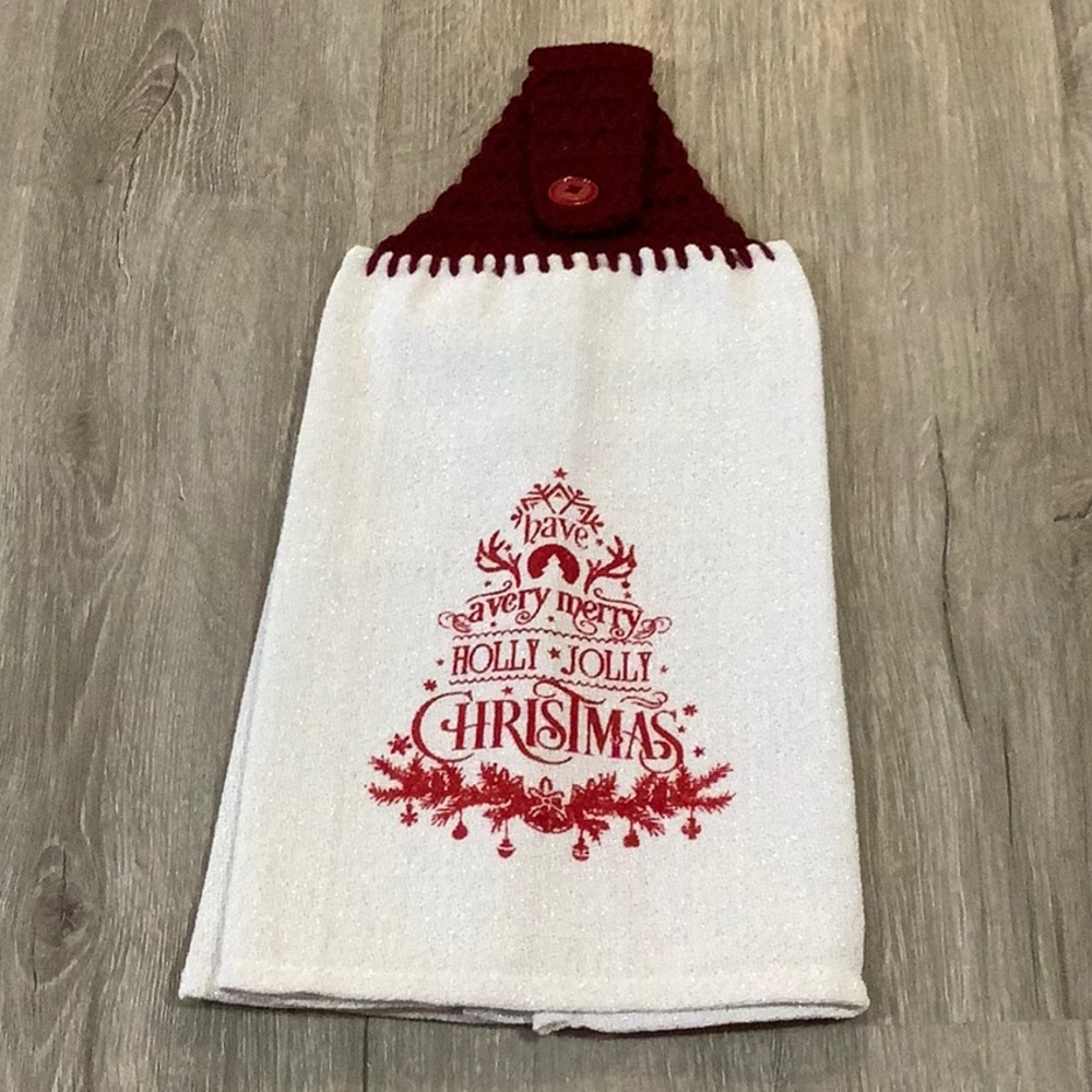 Have A Very Merry Holly Jolly Christmas Hanging Kitchen Towel With Crocheted Top